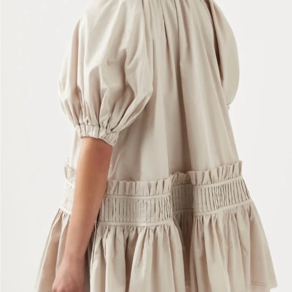NWOT. Aje Novella Mini Smock Dress. Stylish Beige Dress with Ruffle Hem - Picture 4 of 13